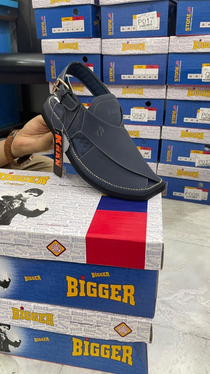 Bigger Khan Stylish Blue Leather Peshawari Chappal - Footwear