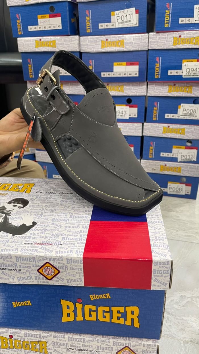 Bigger Khan Stylish Grey Peshawari Chappal with Back Strap - Footwear