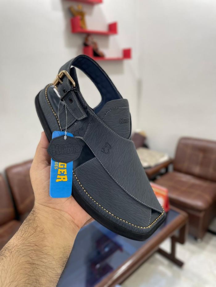 Bigger Khan Textured Charcoal Peshawari Chappal - Footwear